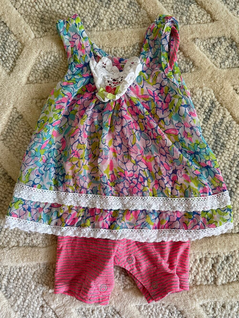 Bonnie Baby Girls 12M Built-In Romper Dress Pink Blue Floral Chiffon Lace